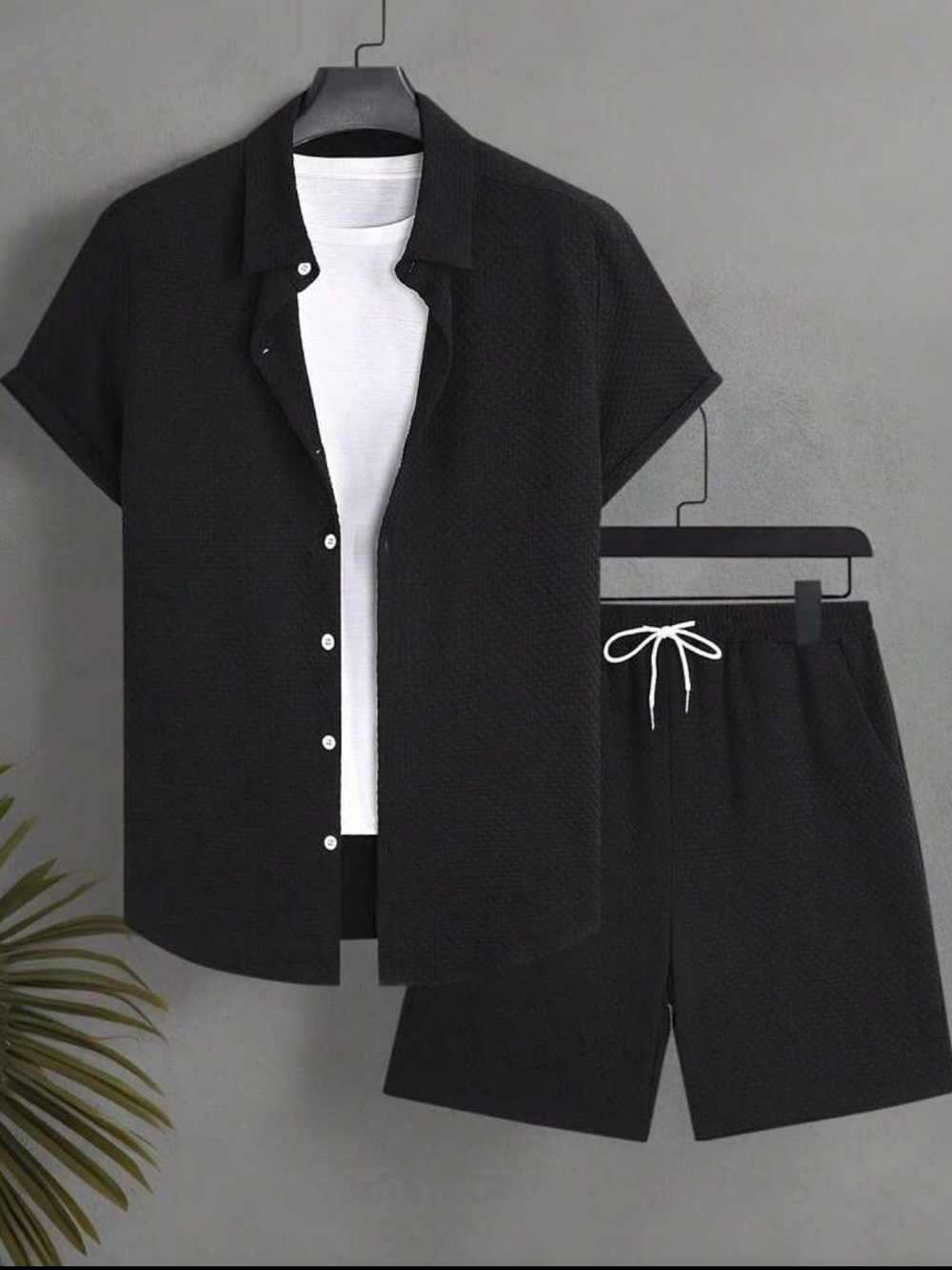 NEW Men's Two-Piece Short Sleeve Shirt & Drawstring Shorts Set - Black XL
